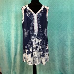 One September - Navy White Floral Tunic Blouse Sleeveless Sequin V-Neck Large
